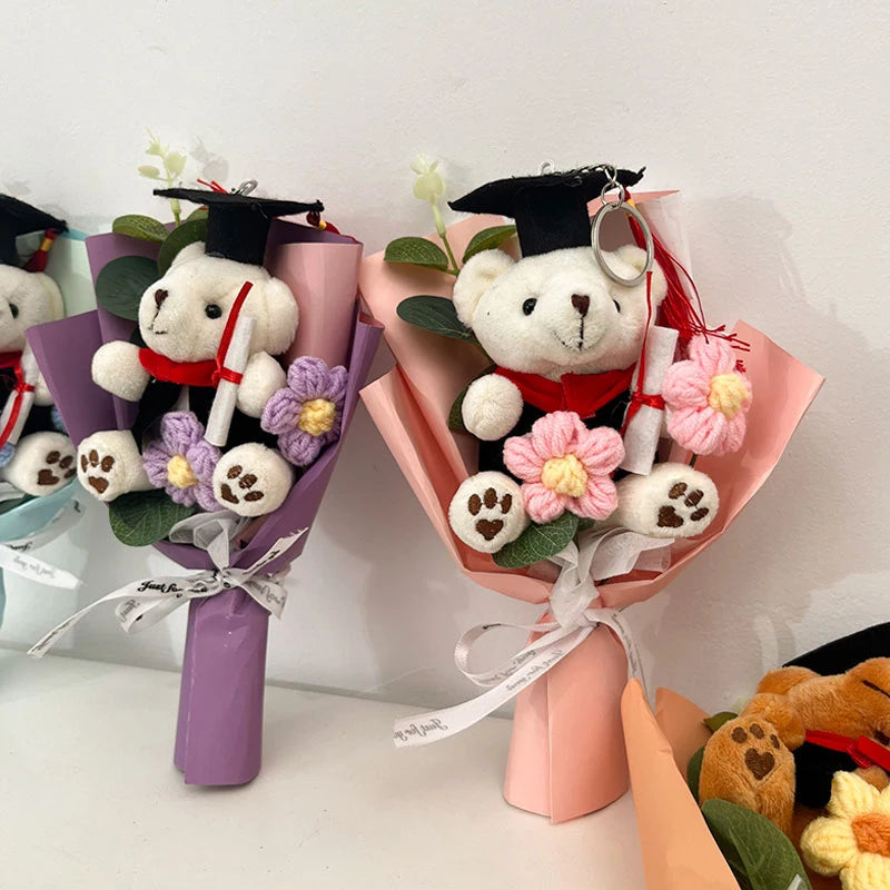 Crochet Flowers Bouquet Cute Dr. Bear Graduation Flower Bouquet Gift Artificial Flowers Mother's Day Gifts Home Decoration