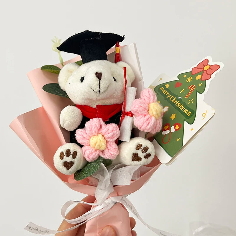 Crochet Flowers Bouquet Cute Dr. Bear Graduation Flower Bouquet Gift Artificial Flowers Mother's Day Gifts Home Decoration