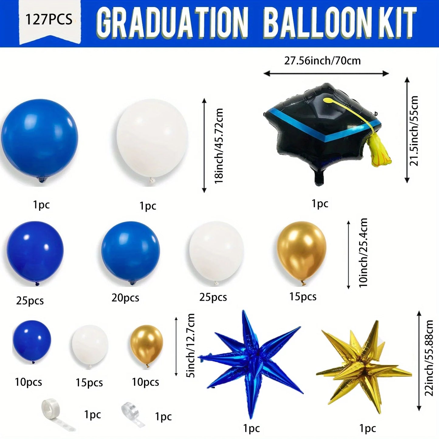 127pcs Royal Blue Gold Graduation Balloon Wreath Arch Set with Graduation Hat Graduation Ball Birthday Party Decoration
