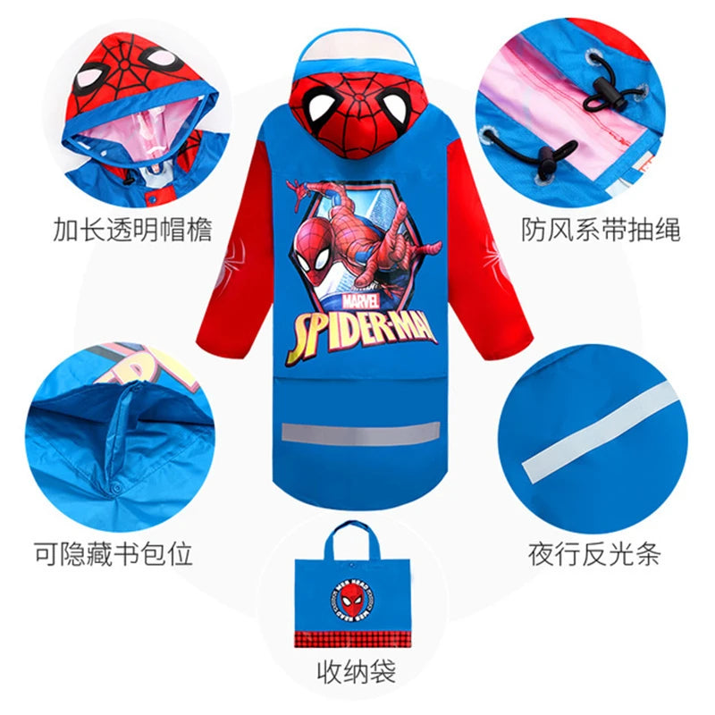Spiderman Raincoat for Children, US Captain, Rainproof Poncho, Outdoor Rainwear,Gifts for Boys and Girls, High Quality Schoolbag