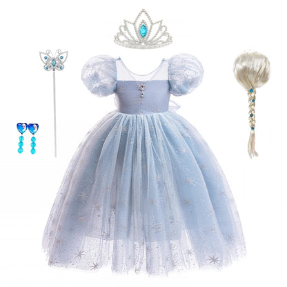 Elsa Princess Costume Girl Summer Knee-length Dress Children Short Sleeve Breathable Mesh Gown for Formal Party Birthday Gifts