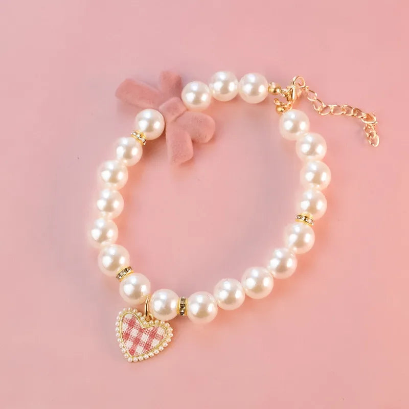 Pet Bow Pearl Collar Cat Jewelry Heart Pendant Necklace Dog Sweet