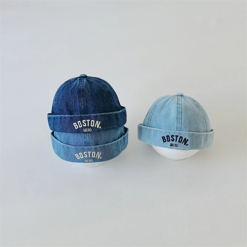 Washed Denim Baby Brimless Hat Retro Letter Embroidered Melon Cap for Infant Boy Girl Summer Adjustable Kids Docker Caps