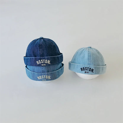 Washed Denim Baby Brimless Hat Retro Letter Embroidered Melon Cap for Infant Boy Girl Summer Adjustable Kids Docker Caps