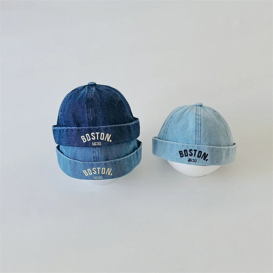 Washed Denim Baby Brimless Hat Retro Letter Embroidered Melon Cap for Infant Boy Girl Summer Adjustable Kids Docker Caps