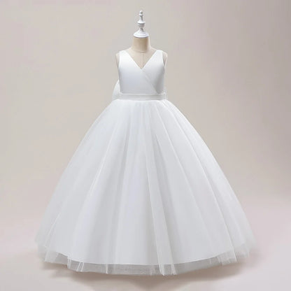 Girl Long White Bridesmaid Dresses For Wedding Prom Gown Big Bow Girls Party Dress