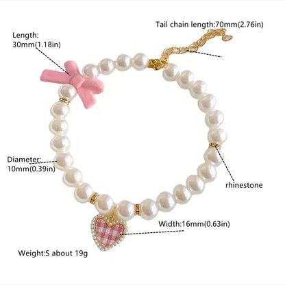 Pet Bow Pearl Collar Cat Jewelry Heart Pendant Necklace Dog Sweet