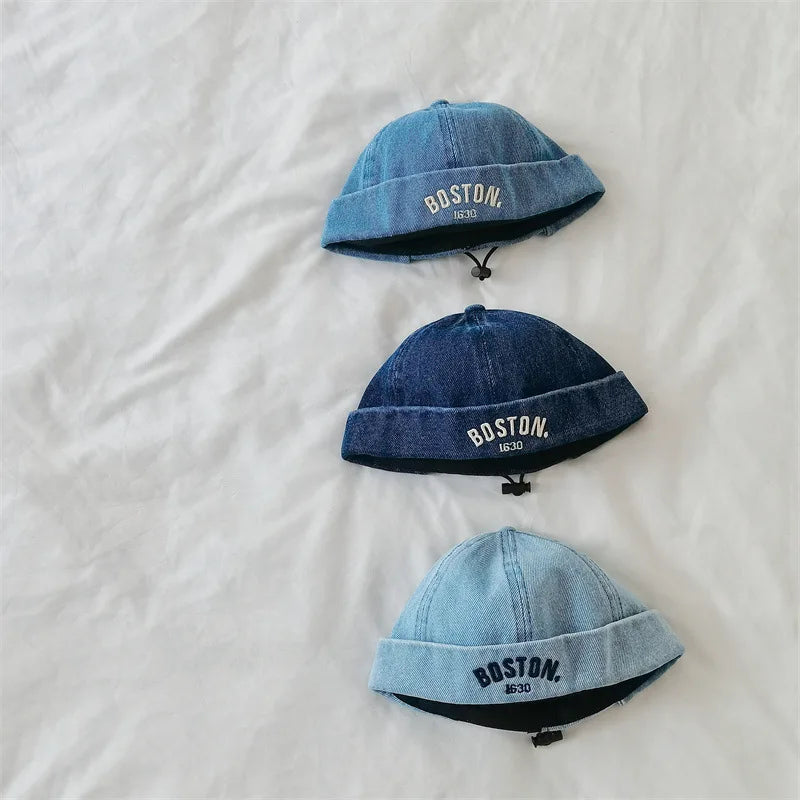Washed Denim Baby Brimless Hat Retro Letter Embroidered Melon Cap for Infant Boy Girl Summer Adjustable Kids Docker Caps