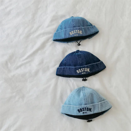 Washed Denim Baby Brimless Hat Retro Letter Embroidered Melon Cap for Infant Boy Girl Summer Adjustable Kids Docker Caps