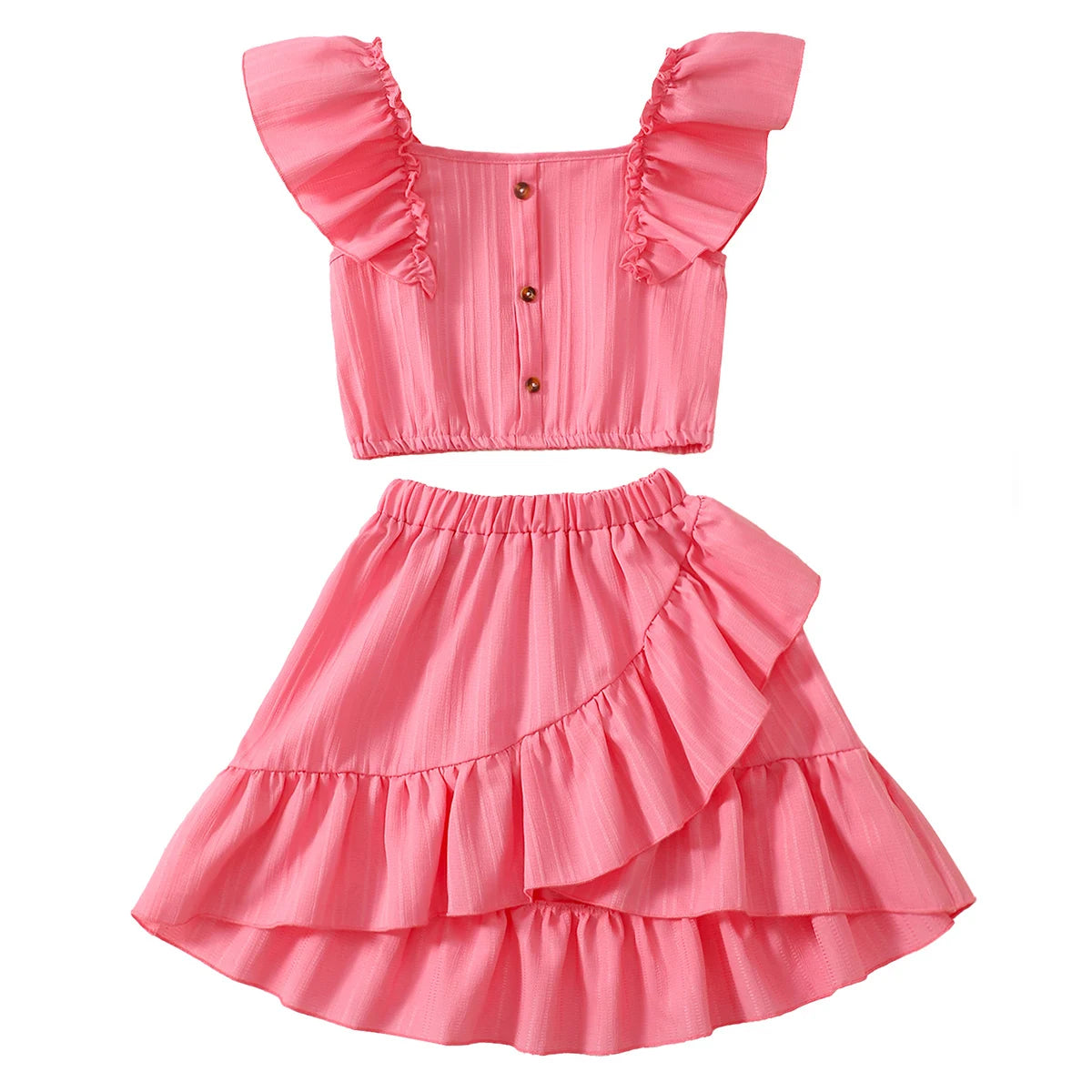 Kid Girls Summer Princess Clothing Set Flutter Sleeve Plain Color Tops+Short Skirt Sweet Style Party Wear For Child 8-12 Years
