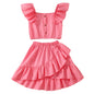 Kid Girls Summer Princess Clothing Set Flutter Sleeve Plain Color Tops+Short Skirt Sweet Style Party Wear For Child 8-12 Years