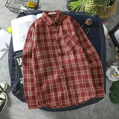 Long Sleeve Men's Shirt  with Pocket Plaid Male Top Luxury Button Aesthetic Sleeves
