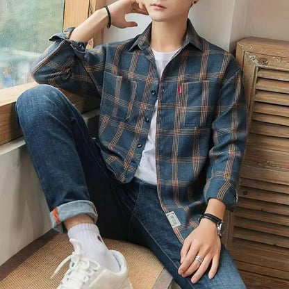 Long Sleeve Men's Shirt  with Pocket Plaid Male Top Luxury Button Aesthetic Sleeves