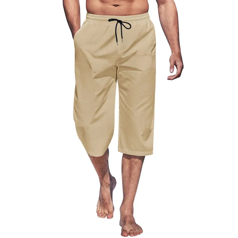 Cross border hot selling men's capris casual lightweight capris drawstring elastic waist