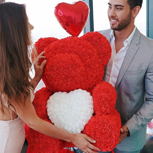 40cm Artificial Rose Heart Teddy Bear Handmade Bear of Roses For Women Valentine's Day Wedding Bithday Gift