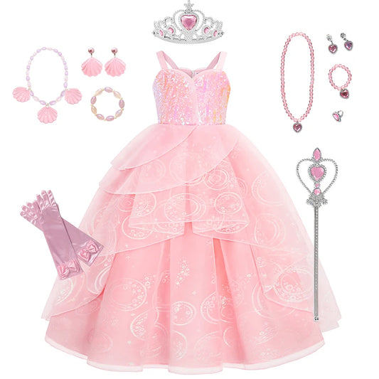 Girl Cosplay Wicked Glinda Costume Girls Sequins Pink Wedding Princess Evening Dress Halloween Witch Birthday Party Frocks