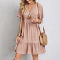 V-neck Short Sleeved Pleated Women Dress