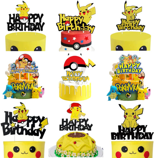 Pokemon Happy Birthday Acrylic Cake Topper Party Decoration Pikachu Cake Decor Flag Baby Shower