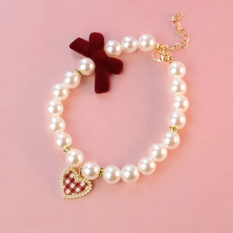 Pet Bow Pearl Collar Cat Jewelry Heart Pendant Necklace Dog Sweet