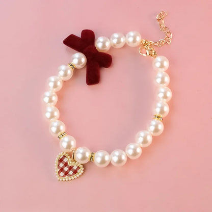Pet Bow Pearl Collar Cat Jewelry Heart Pendant Necklace Dog Sweet