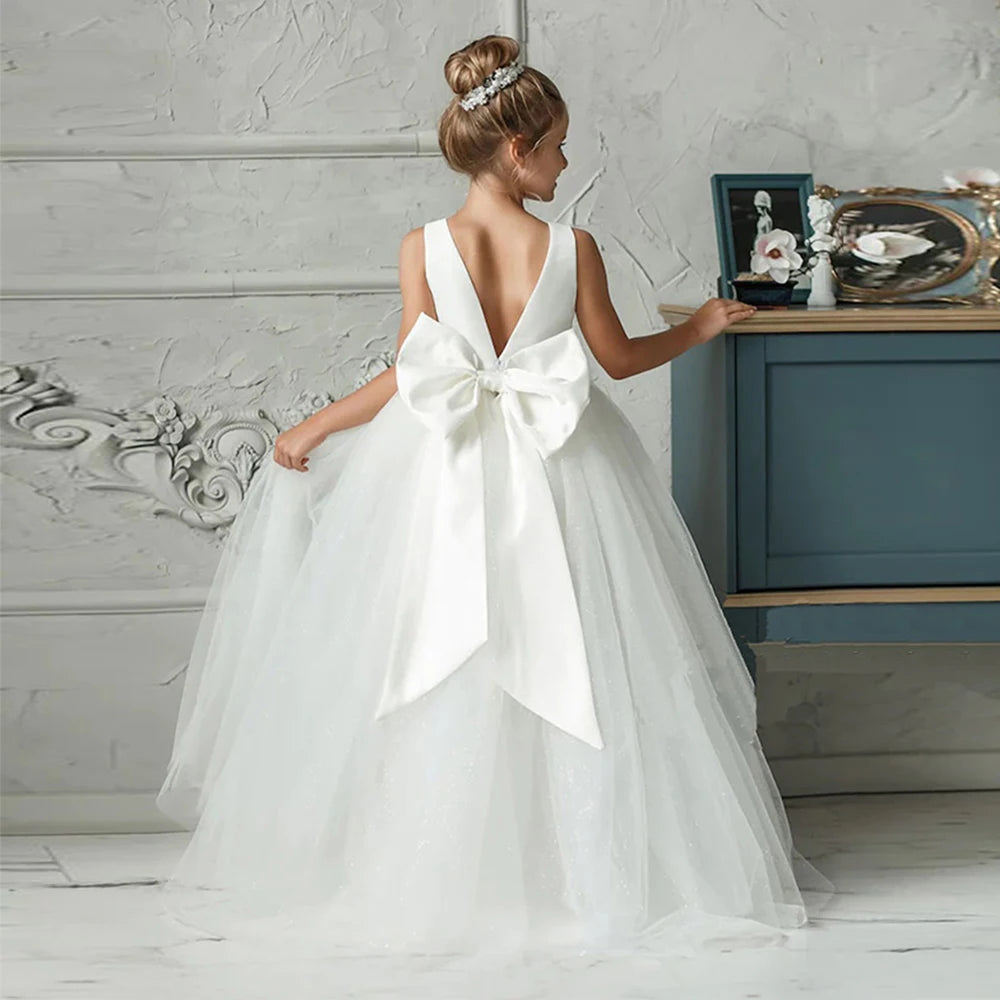 Girl Long White Bridesmaid Dresses For Wedding Prom Gown Big Bow Girls Party Dress