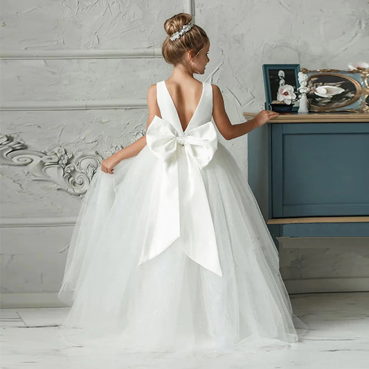 Girl Long White Bridesmaid Dresses For Wedding Prom Gown Big Bow Girls Party Dress