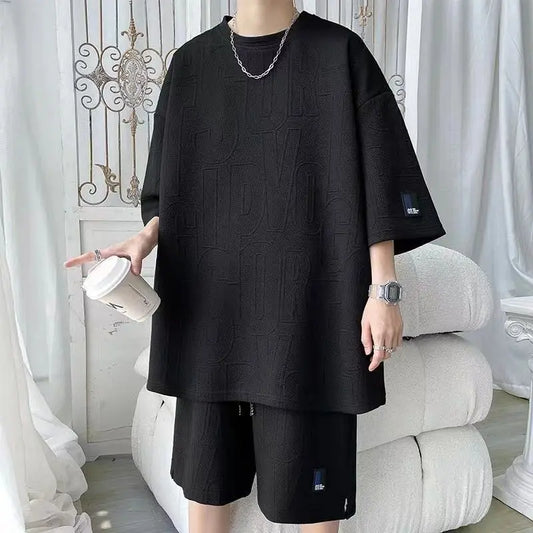 2025 NEW 3D Men's Waffle Summer Suit Casual T-shirt+Shorts Suit