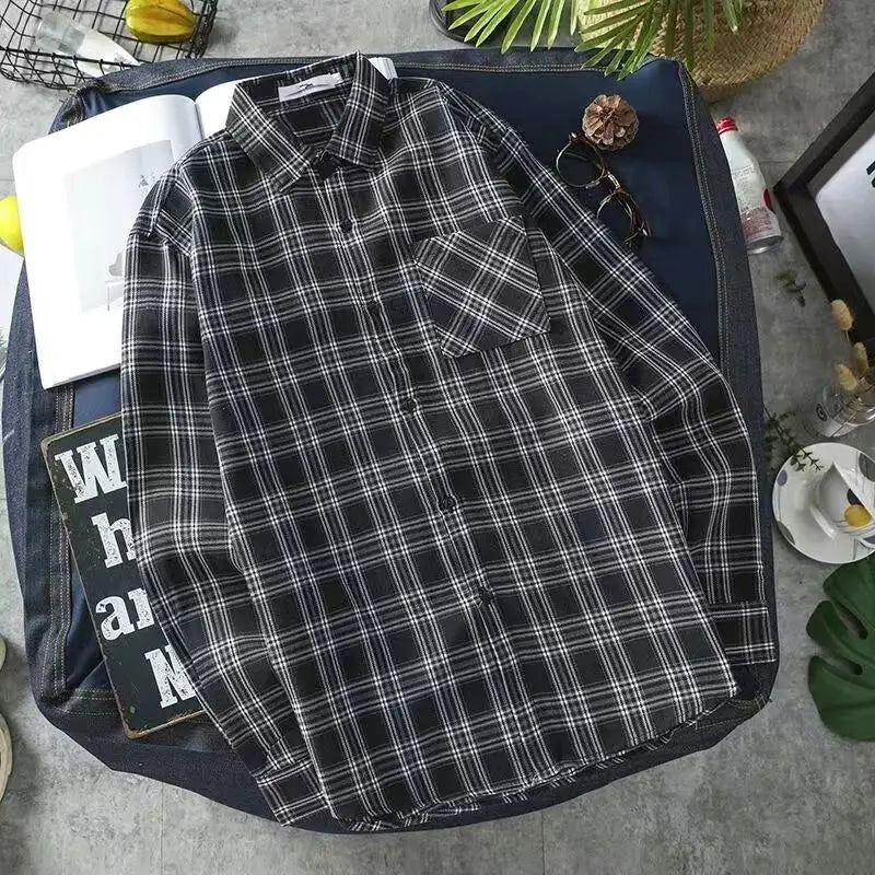 Long Sleeve Men's Shirt  with Pocket Plaid Male Top Luxury Button Aesthetic Sleeves