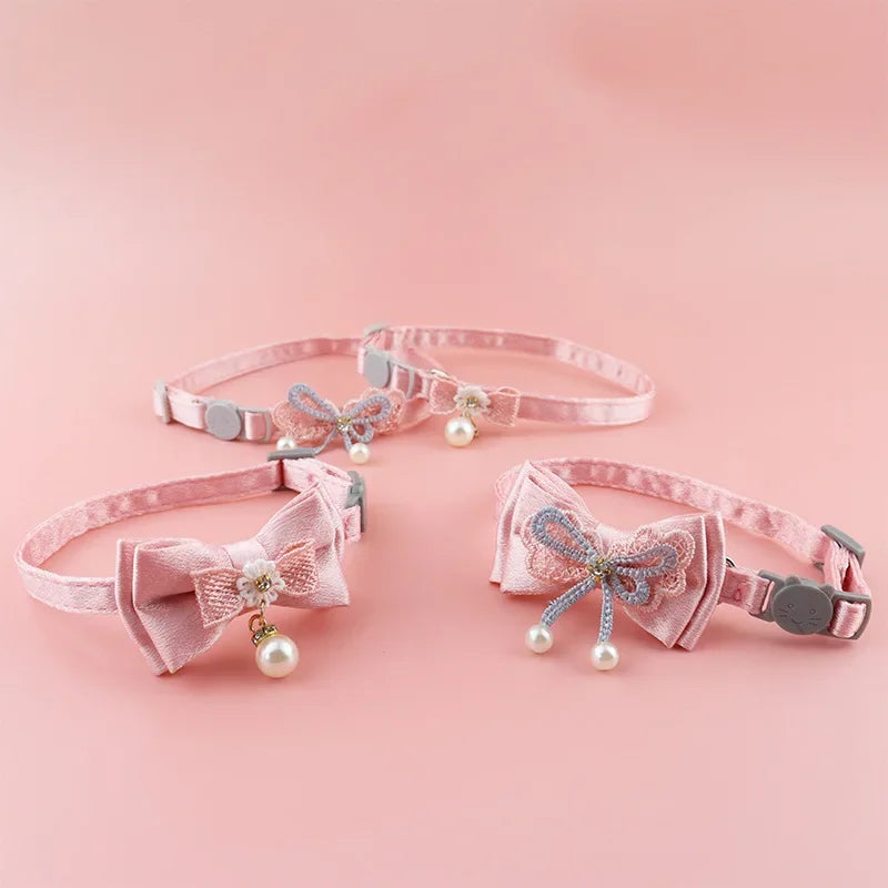 Pet Collar Pink Lace Bow Hanging Bead Cat Choker Bell Dog Cat