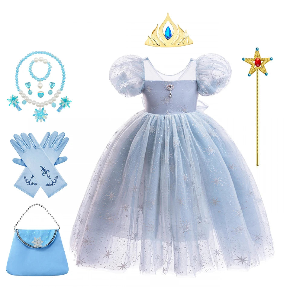 Elsa Princess Costume Girl Summer Knee-length Dress Children Short Sleeve Breathable Mesh Gown for Formal Party Birthday Gifts