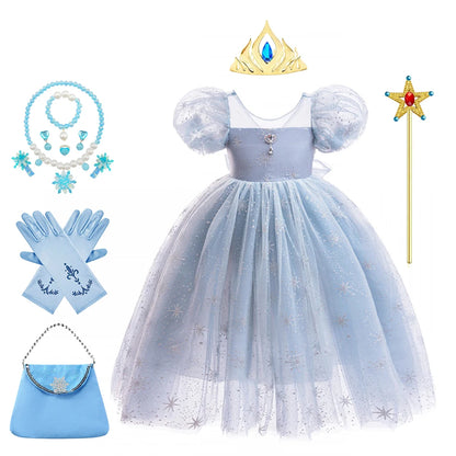 Elsa Princess Costume Girl Summer Knee-length Dress Children Short Sleeve Breathable Mesh Gown for Formal Party Birthday Gifts