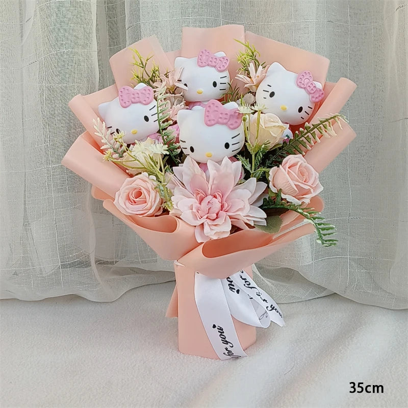 Anime Hello Kitty Cartoon Plush Bouquet Sanrio Artificial Rose Flowers Doll Christmas Home Wedding Decoration Valentine's Day Gi