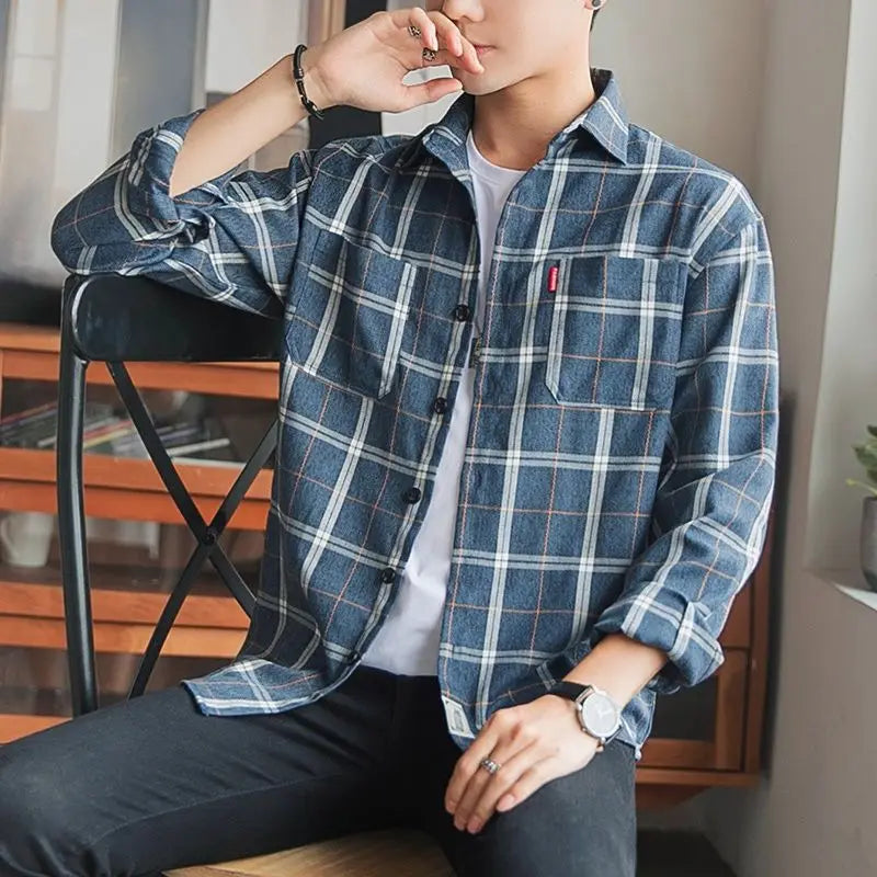 Long Sleeve Men's Shirt  with Pocket Plaid Male Top Luxury Button Aesthetic Sleeves
