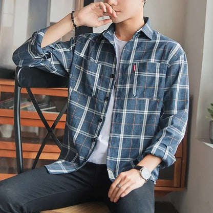 Long Sleeve Men's Shirt  with Pocket Plaid Male Top Luxury Button Aesthetic Sleeves