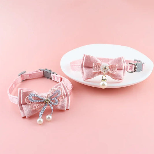 Pet Collar Pink Lace Bow Hanging Bead Cat Choker Bell Dog Cat