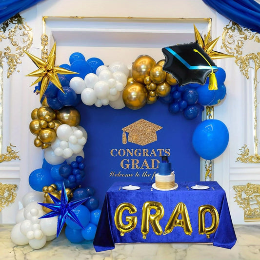 127pcs Royal Blue Gold Graduation Balloon Wreath Arch Set with Graduation Hat Graduation Ball Birthday Party Decoration