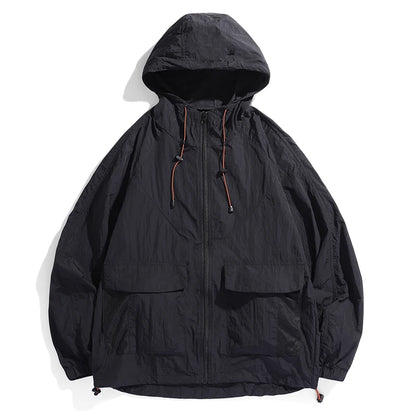 2025 Hooded Jacket Men's Summer Harajuku Solid Color Lightweight Breathable UV Jackets Outdoor Fishing Hiking Skin Windbreaker