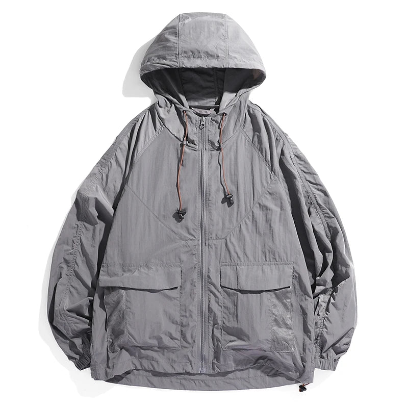 2025 Hooded Jacket Men's Summer Harajuku Solid Color Lightweight Breathable UV Jackets Outdoor Fishing Hiking Skin Windbreaker
