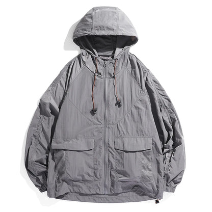 2025 Hooded Jacket Men's Summer Harajuku Solid Color Lightweight Breathable UV Jackets Outdoor Fishing Hiking Skin Windbreaker