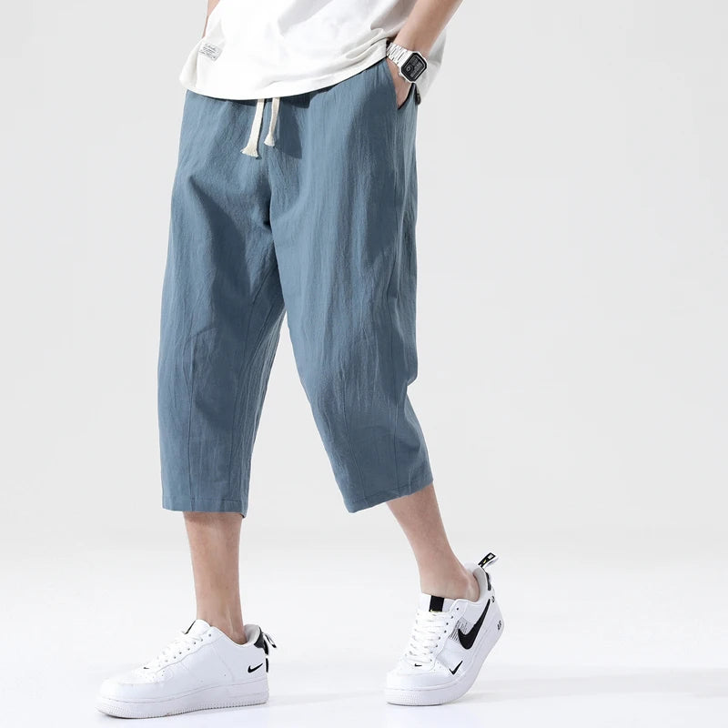 100% Cotton Cropped Pants Men's Summer Thin Pants Casual Beach Pants Men's Straight Leg Home Pants