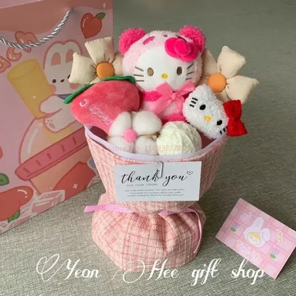 Sanrio Anime Kuromi Plush Flower Bouquet Cartoon Hellokitty Cinnamoroll Stuffed Plush Toy Kawaii Decor Doll Girl Valentine Gift
