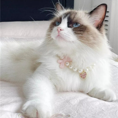 Pet Bow Pearl Collar Cat Jewelry Heart Pendant Necklace Dog Sweet