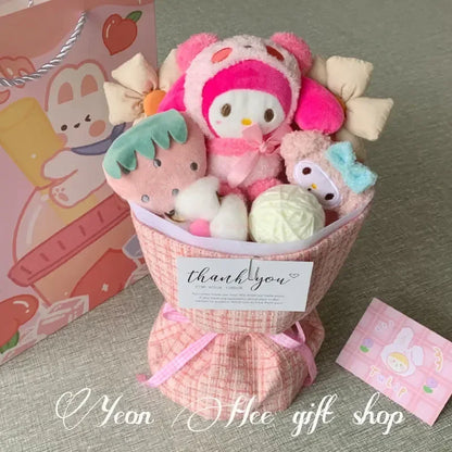 Sanrio Anime Kuromi Plush Flower Bouquet Cartoon Hellokitty Cinnamoroll Stuffed Plush Toy Kawaii Decor Doll Girl Valentine Gift