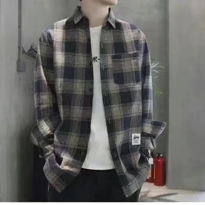 Long Sleeve Men's Shirt  with Pocket Plaid Male Top Luxury Button Aesthetic Sleeves