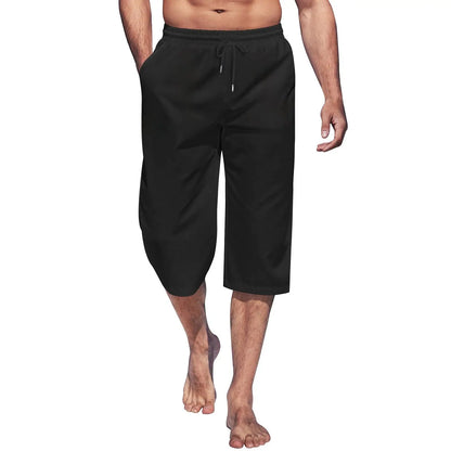 Cross border hot selling men's capris casual lightweight capris drawstring elastic waist