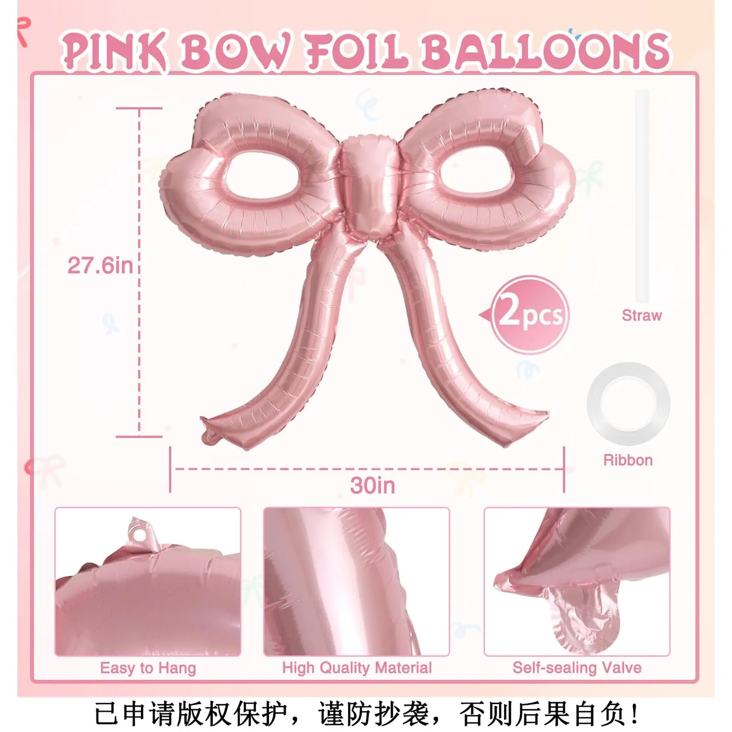 2Pcs Large Pink Bow Balloons Bow Party Decorations for Baby Shower Bridal Engagement Wedding Decor Bachelorette Party Supplies