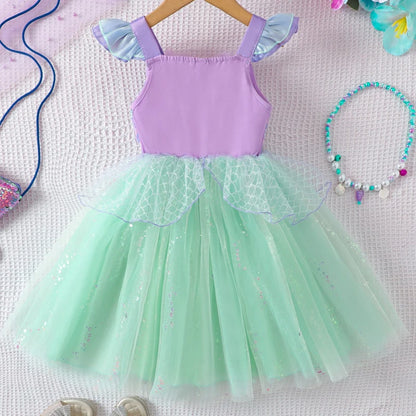 Girls Flying Sleeve Suspender Mesh Skirt Baby Girl Summer Sweet Sequin Performance Costume Mermaid Princess Dress