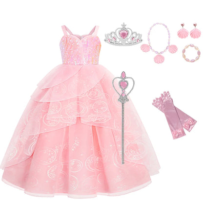 Girl Cosplay Wicked Glinda Costume Girls Sequins Pink Wedding Princess Evening Dress Halloween Witch Birthday Party Frocks