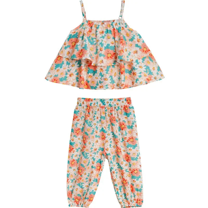2025 Summer New baby Girls' Suits Cute Floral Vest And Anti-Mosquito Pants Children Clothing Sets Fashion Kids Outfit