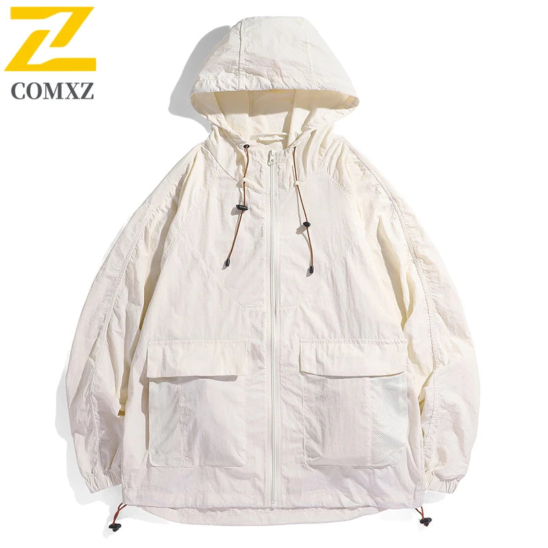 2025 Hooded Jacket Men's Summer Harajuku Solid Color Lightweight Breathable UV Jackets Outdoor Fishing Hiking Skin Windbreaker